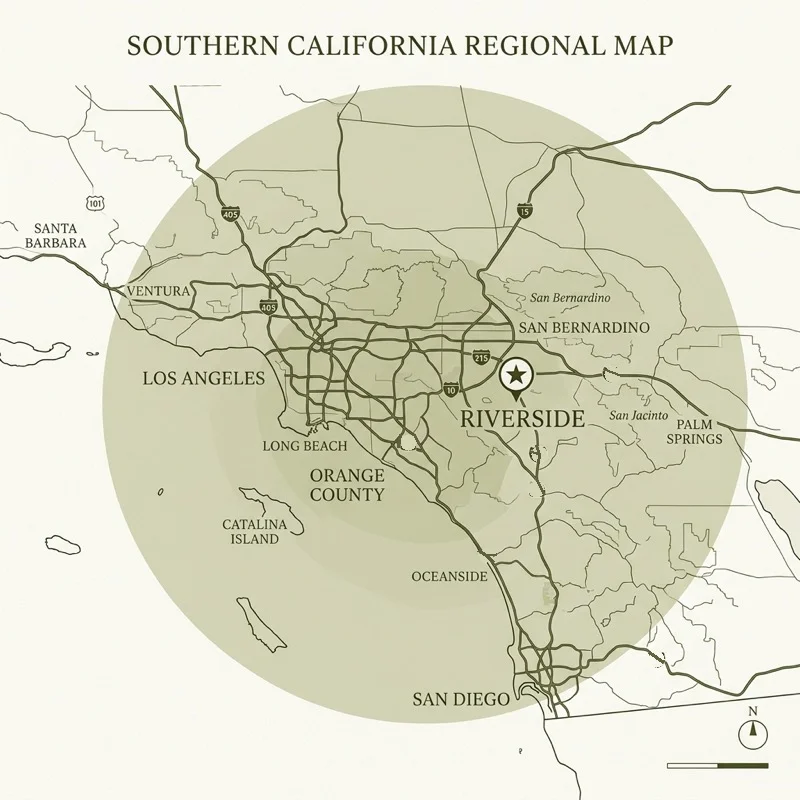 Map of Southern California service area covering Los Angeles, Orange County, Riverside, and San Diego
